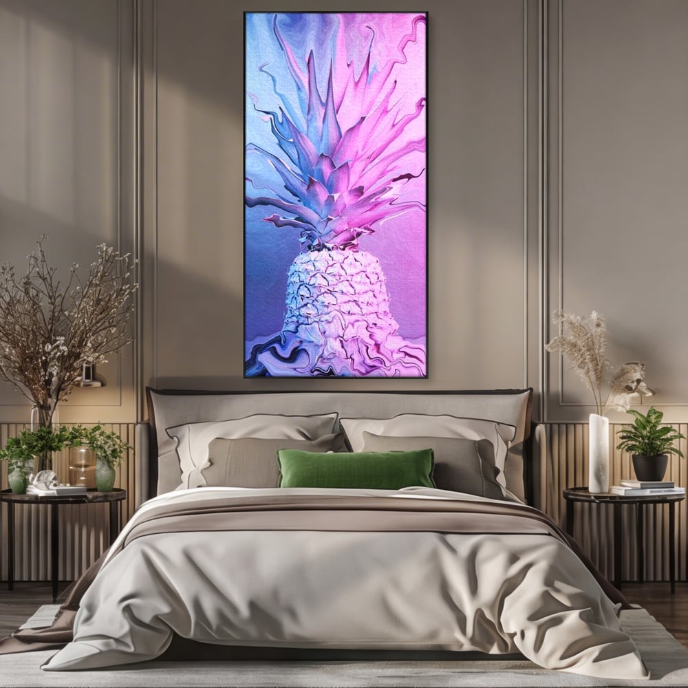 Tablou canvas cu tablou canvas cu ananas neon, in rama de aluminiu negru, pe perete intr-un dormitor